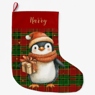 Grande Chaussette De Noël Classique Rouge Rouge Vert Or Tartan Penguin