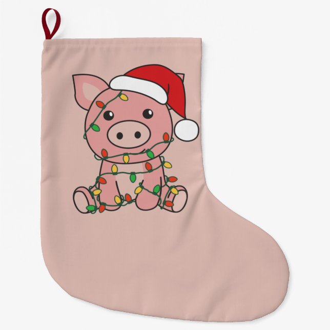 Grande Chaussette De Noël Cochon Noël Animaux d'hiver Cochons Gros Noël (Devant)