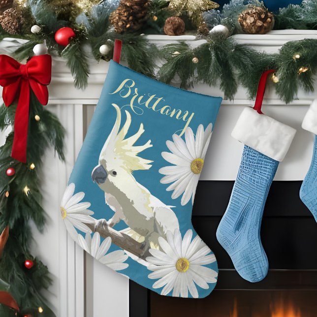 Grande Chaussette De Noël Cockatoo Festif Avec Fleurs De Faisceau Vibrant Pa (Festive Cockatoo personalized Christmas stocking with cheerful daisies for a bird lover's holiday!)