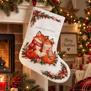 Grande Chaussette De Noël Cœur Chaleureux Couple de Renards de Noël Scandina