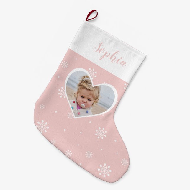 Grande Chaussette De Noël Coeur rose mignon, Snowflakes Photo personnalisée  (Devant (Accrochage))