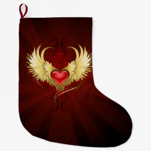Grande Chaussette De Noël Coeur rouge avec ailes d'or
