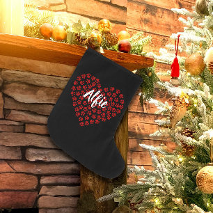 Grande Chaussette De Noël Coeur rouge en Empreintes de pattes Nom de l'anima