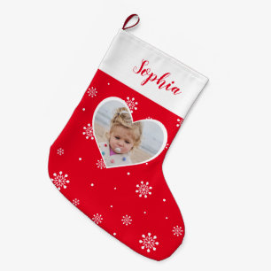 Grande Chaussette De Noël Coeur rouge et flocons de neige   Photo personnali