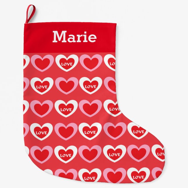Grande Chaussette De Noël Coeurs blancs et roses (Devant)