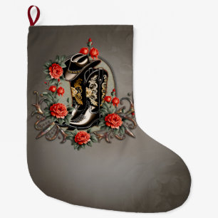 Grande Chaussette De Noël Coeurs de cowboy : Un poème de bottes et de fleurs