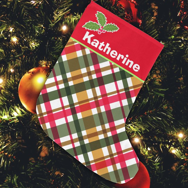 Grande Chaussette De Noël Coloris de Noël Plaid Stocker (Christmas Festival Spirit Colors Plaid Design. )