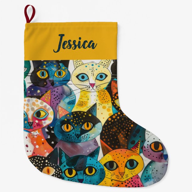 Grande Chaussette De Noël Conception de chats Whimsical Moderne Personnalisé (Devant)
