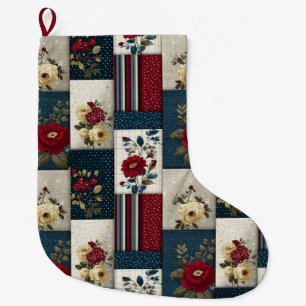 Grande Chaussette De Noël Conception florale et géométrique rustique