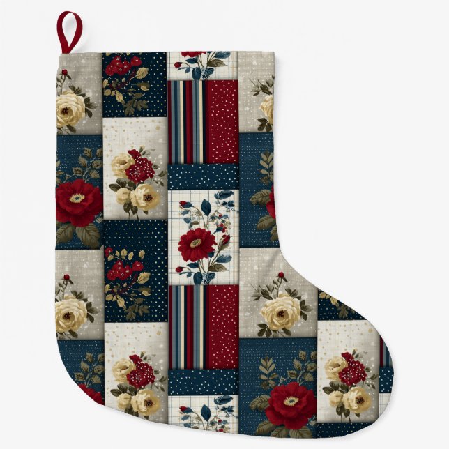 Grande Chaussette De Noël Conception florale et géométrique rustique (Devant)