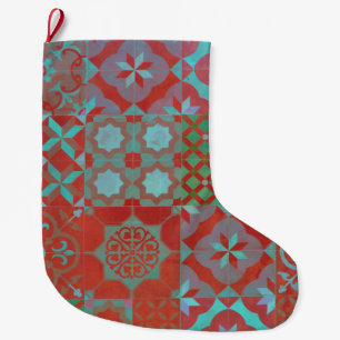 Grande Chaussette De Noël Cool, carreaux de la mer Égée tendance en rouge et