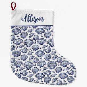 Grande Chaussette De Noël Coquillages nautiques bleu blanc