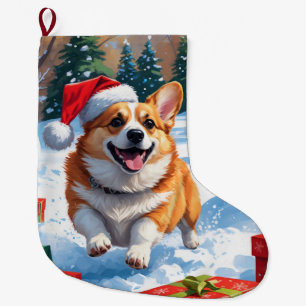 Grande Chaussette De Noël Corgi courant dans la neige avec un chapeau de Noë