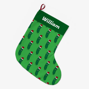 Grande Chaussette De Noël Cornichon de Noël portant un chapeau de Père Noël