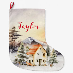 Grande Chaussette De Noël Cottage de Noël pour les vacances d'hiver