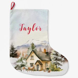Grande Chaussette De Noël Cottage de Noël pour les vacances d'hiver
