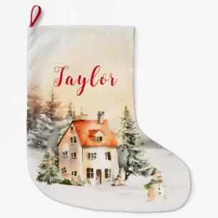 Grande Chaussette De Noël Cottage de Noël pour les vacances d'hiver