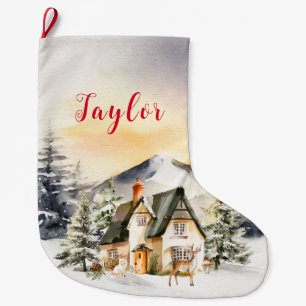 Grande Chaussette De Noël Cottage de Noël pour les vacances d'hiver