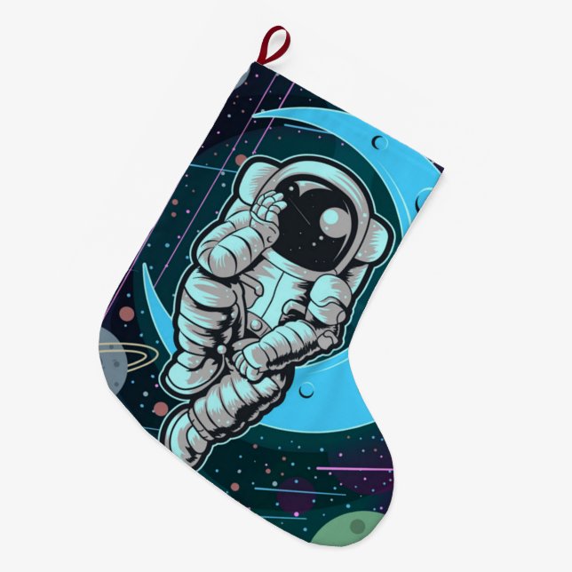 Grande Chaussette De Noël couleur pleine astronaute (Devant (Accrochage))