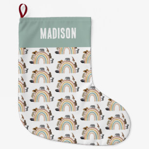 Grande Chaussette De Noël Couleurs de terre Arc-en-ciel Jungle Animaux Motif