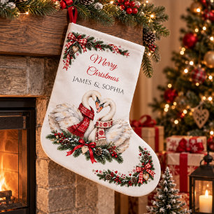 Grande Chaussette De Noël Couple de cygnes romantiques de Noël scandinave