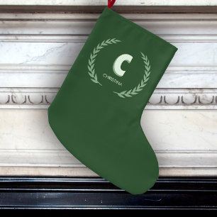 Grande Chaussette De Noël Couronne de laurier vert Lettre C Monogramme