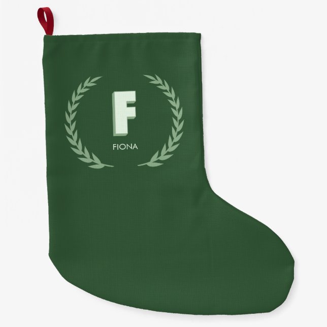 Grande Chaussette De Noël Couronne de laurier vert Lettre F Monogramme  (Devant)