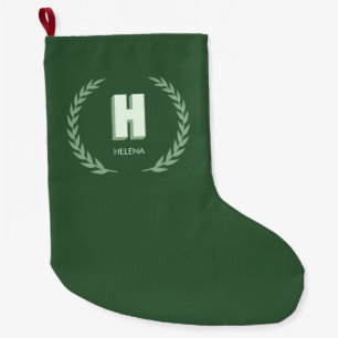 Grande Chaussette De Noël Couronne de Laurier Vert Lettre H Monogramme