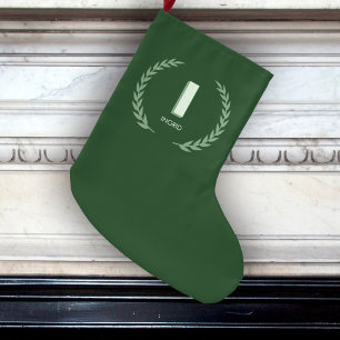 Grande Chaussette De Noël Couronne de laurier vert Lettre I Monogramme