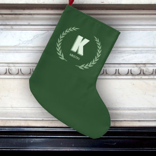 Grande Chaussette De Noël Couronne de laurier vert Lettre K monogramme