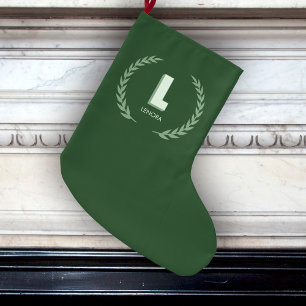 Grande Chaussette De Noël Couronne de laurier vert Lettre L monogramme