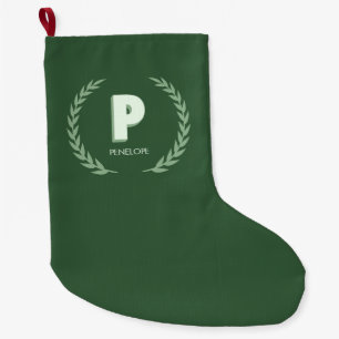 Grande Chaussette De Noël Couronne de laurier vert Lettre P Monogramme