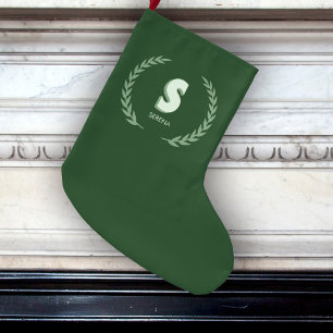 Grande Chaussette De Noël Couronne de laurier vert Lettre S monogramme