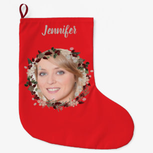 Grande Chaussette De Noël Couronne de photo rouge vif et nommée