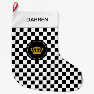 Grande Chaussette De Noël Couronne dorée sur damier noir et blanc