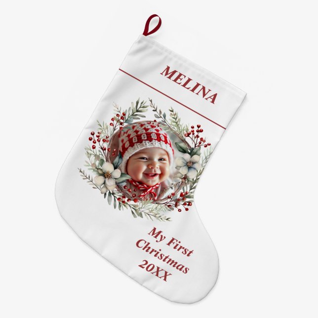 Grande Chaussette De Noël Couronne florale photo du prénom de Noël du bébé (Devant (Accrochage))