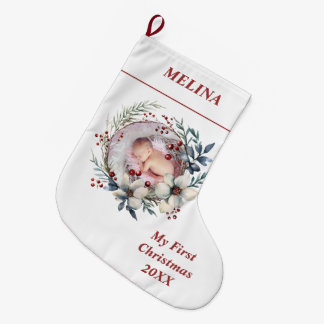 Grande Chaussette De Noël Couronne florale Première photo de Noël du bébé