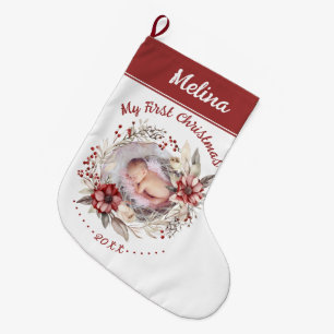Grande Chaussette De Noël Couronne florale Première photo de Noël du bébé ro