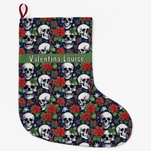 Grande Chaussette De Noël Crâne de Noël avec poinsettias et flocons de neige