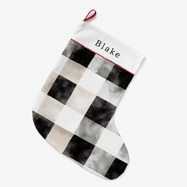 Grande Chaussette De Noël Cream Silver Black White Plaid Stripes Christmas (Devant (Accrochage))