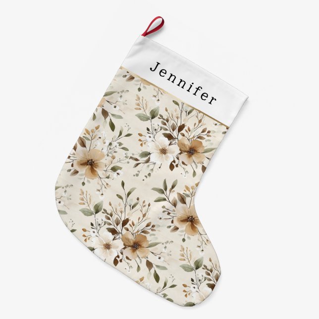 Grande Chaussette De Noël Cream White Brown Floral Christmas (Devant (Accrochage))