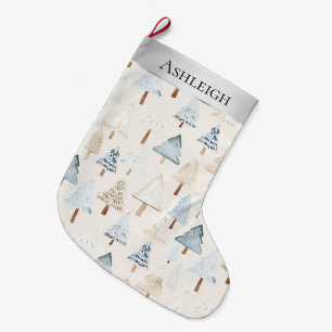 Grande Chaussette De Noël Crème Bleue Argent Whimsical