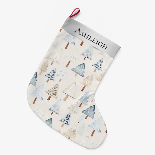 Grande Chaussette De Noël Crème Bleue Argent Whimsical (Devant (Accrochage))
