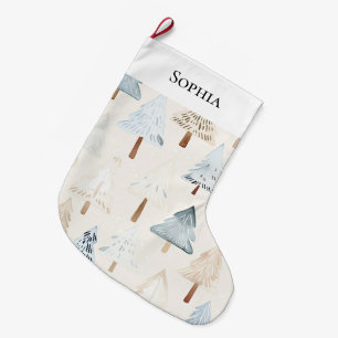 Grande Chaussette De Noël Crème Bleue Cosy Arbres de Noël