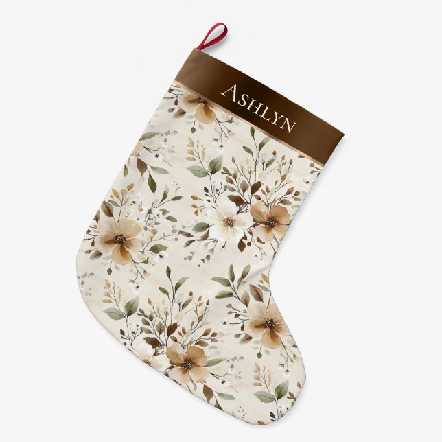 Grande Chaussette De Noël Crème chic Fleurs Brown blanches Noël (Devant (Accrochage))