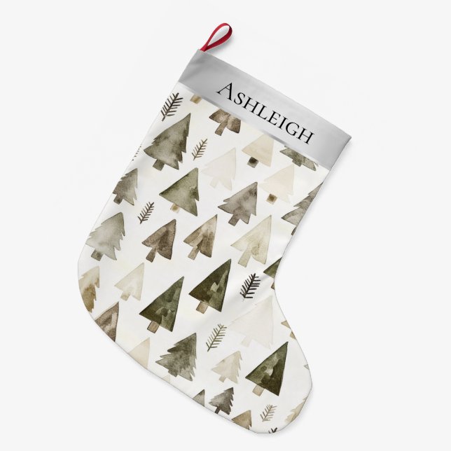 Grande Chaussette De Noël Crème d'argent arbres de Noël verts (Devant (Accrochage))