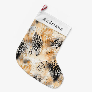 Grande Chaussette De Noël Crème Orange Léopard Noir Animal Noël