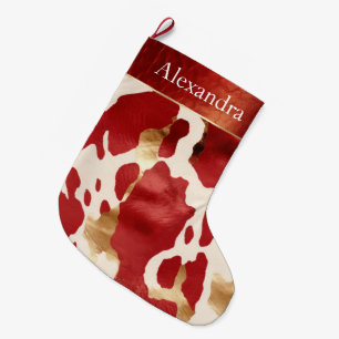 Grande Chaussette De Noël Crème Rouge Or Western Nom de la vache