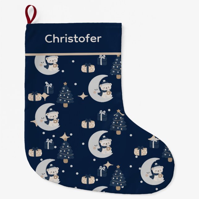 Grande Chaussette De Noël Custom Midnight Noël | Navy, Argent & Or (Devant)