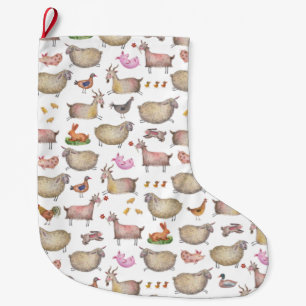 Grande Chaussette De Noël Cute Aquarelle ferme Grange Animaux Motif